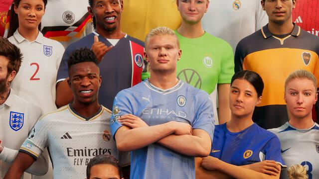 Jugadores y jugadoras de distintos equipos en imagen promocional de videojuego de fútbol.
