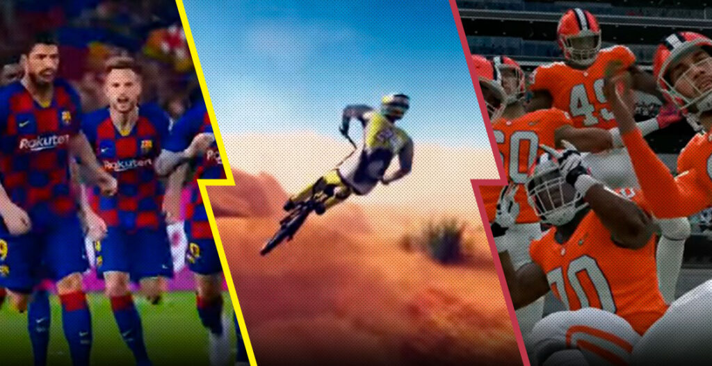 Jugadores de fútbol, motocross en el desierto y equipo de fútbol americano en videojuegos.
